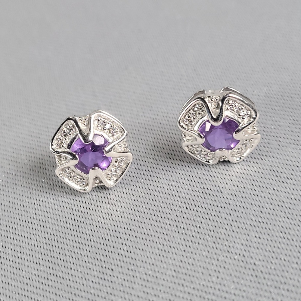 RJ Sterling Silver Purple Glass Floral Stud Earrings Pave Accents‎ 925 THAI